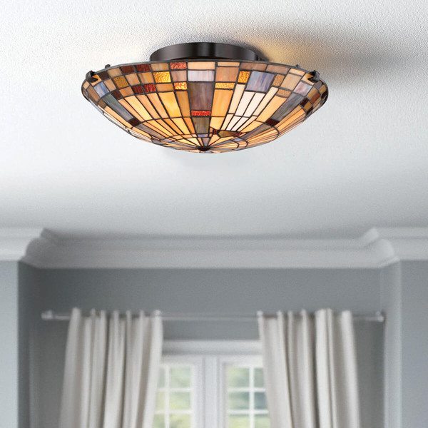 Elstead Inglenook Deckenleuchte E27 2-fach Valiant Bronze und Kunstglas-Schirm Tiffanyglas