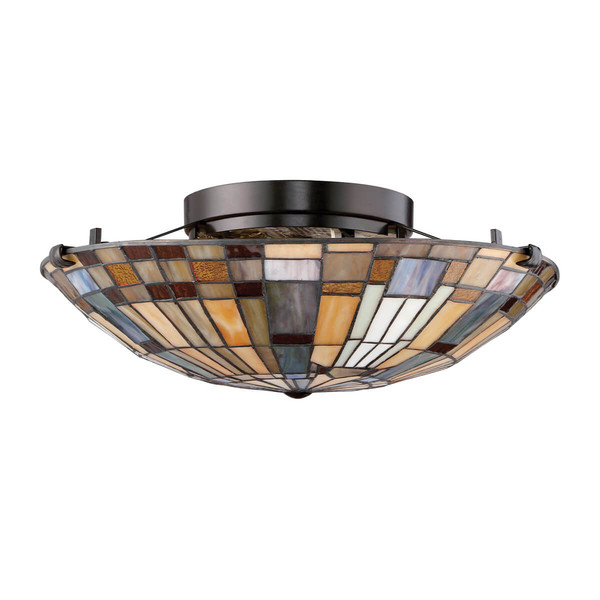 Elstead Inglenook Deckenleuchte E27 2-fach Valiant Bronze und Kunstglas-Schirm Tiffanyglas