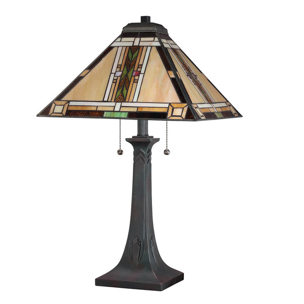 Elstead Navajo Tischlampe E27 2-fach Bronze und Kunstglas-Schirm Tiffanyglas