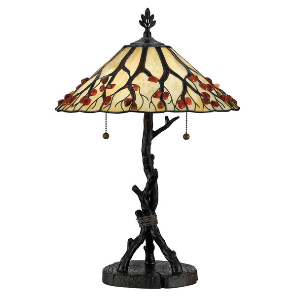 Elstead Whispering Tischlampe E27 2-fach Valiant Bronze und Kunstglas-Schirm Tiffanyglas cremeweiß