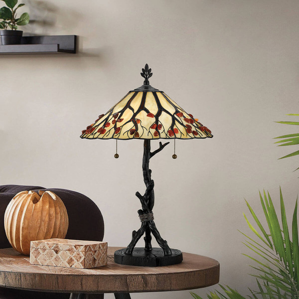 Elstead Whispering Tischlampe E27 2-fach Valiant Bronze und Kunstglas-Schirm Tiffanyglas cremeweiß