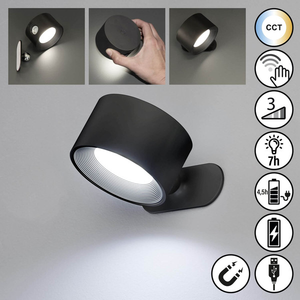 FHL Magnetic LED Wandleuchte 2W dimmbar Akku CCT einstellbare Lichtfarbe schwarz 830048