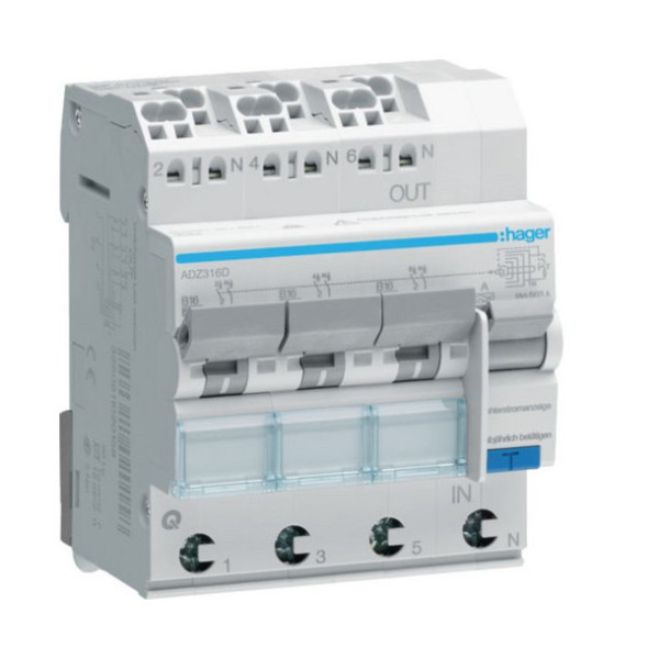 Hager ADZ316D Fehlerstrom-Leitungsschutzschalter 3X 1PN 6kA B-16A 30mA Typ A QuickConnect