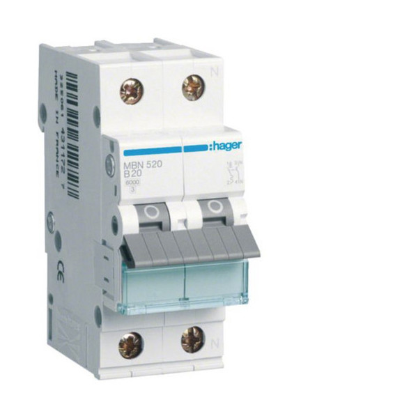 Hager MBN520 Leitungsschutzschalter 1PN 6kA B-Charakteristik 20A 2 Module