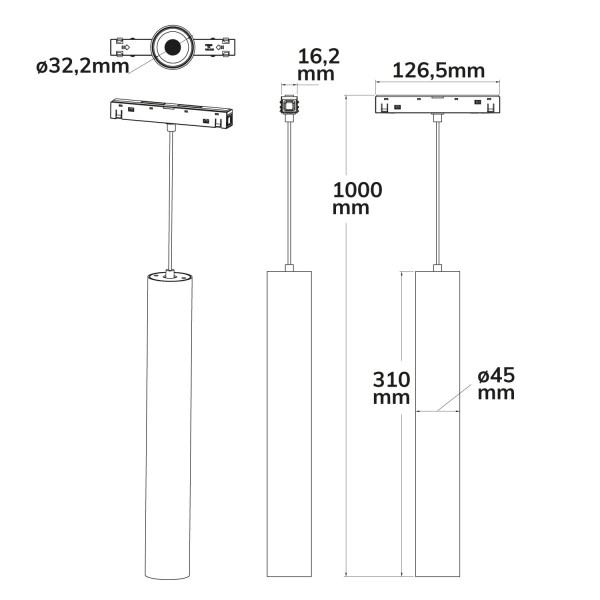 ISOLED Track48 Hängeleuchte Pipe schwarz, 15W, 36°, UGR<19, 48V DC, 3000K, CRI90