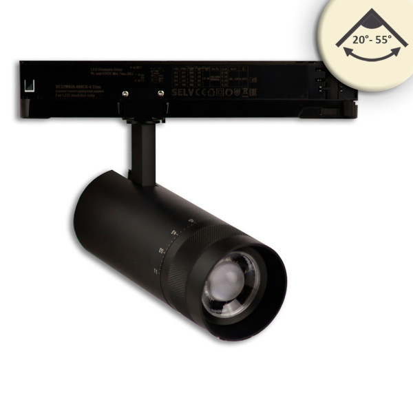 ISOLED 3-Phasen Schienen-Strahler fokussierbar, 24W, 20°-55°, schwarz matt, 3000K, DALI dimmbar