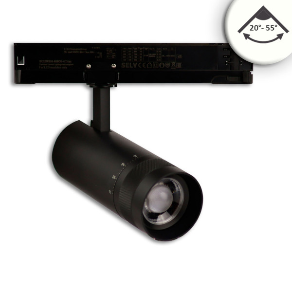 ISOLED 3-Phasen Schienen-Strahler fokussierbar, 24W, 20°-55°, schwarz matt, 4000K, DALI dimmbar