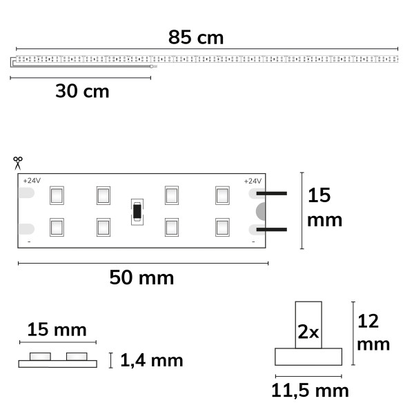 ISOLED LED T5/T8 Umrüstplatine 830, 85cm, MiniAMP, 136 LED, 24V, 14W, 170 lm/W, warmweiß, dimmbar