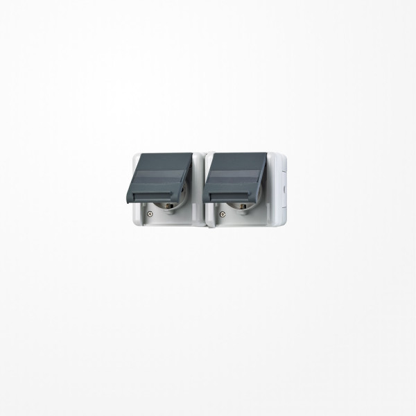 Jung 8220NAWTS SCHUKO-Zweifach-Steckdose mit Trennsteg, 16 A 250 V ~, mit Schriftfeld, waagerecht, IP 44, WG 800