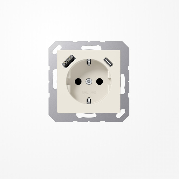 Jung A1520-15CA SCHUKO-Steckdose 16 A, mit USB-Ladegerät 1xTyp A + 1xTyp C, SAFETY+, Serie AS, weiß