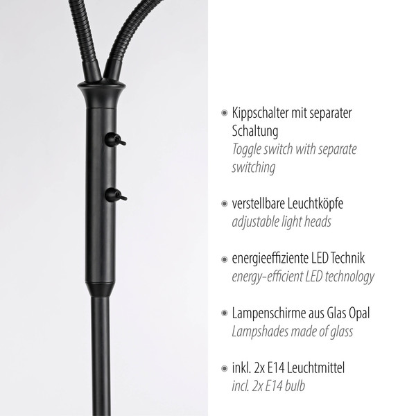 JUST LIGHT LOKI Stehleuchte E14 Warmweiss max.10W 2-fach schwarz 12158-18