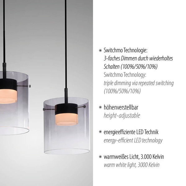 JUST LIGHT ELIO LED Pendelleuchte Warmweiss Dimmbar 22,5W 3-fach schwarz 14043-18