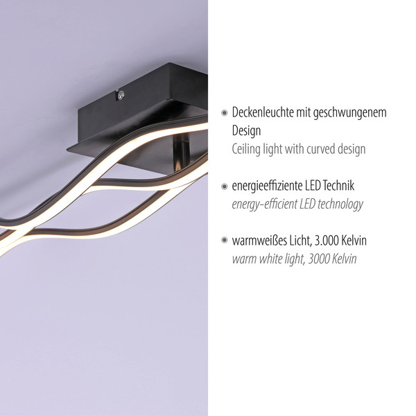 JUST LIGHT WAVE LED Deckenleuchte Warmweiss 29,5W 3-fach schwarz 15167-18