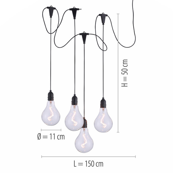 JUST LIGHT ENNI LED Lichterkette Warmweiss 4-fach Schwarz/Transparent IP44 19094-18