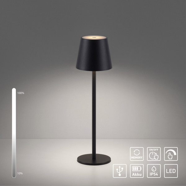 JUST LIGHT EURIA LED AKKU-Tischleuchte Warmweiss Dimmbar 2,5W schwarz IP54 19250-18