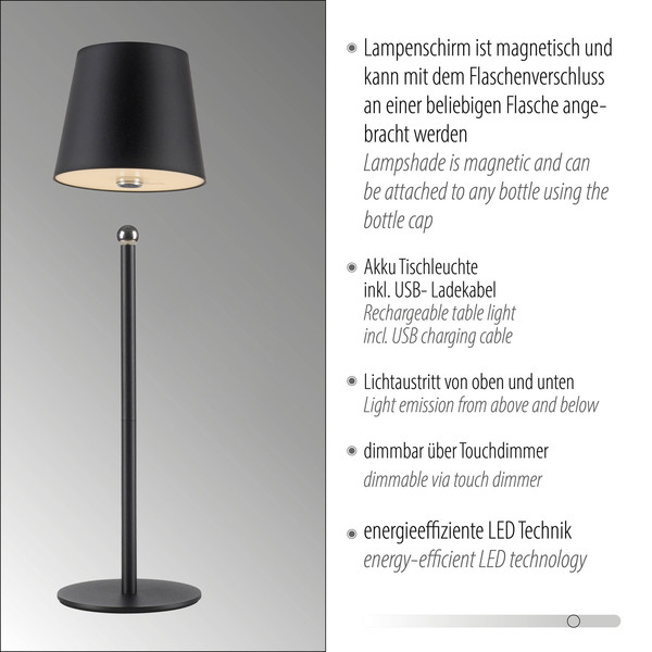 JUST LIGHT BOTERIA LED AKKU-Tischleuchte Warmweiss Dimmbar 2,5W schwarz IP54 19251-18