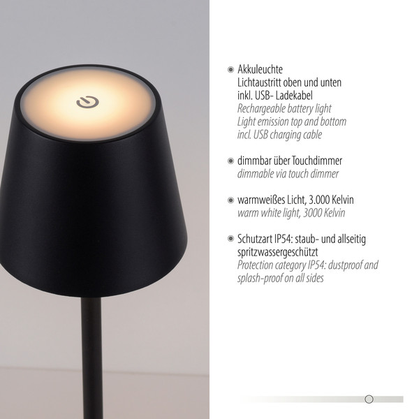 JUST LIGHT EURIA LED AKKU-Stehleuchte Warmweiss Dimmbar 2,5W schwarz IP54 19252-18