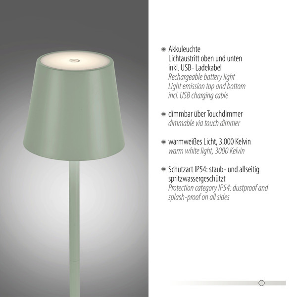 JUST LIGHT EURIA LED AKKU-Stehleuchte Warmweiss Dimmbar 2,5W grün IP54 19252-43