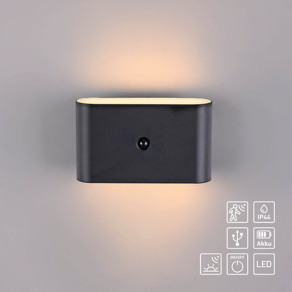 JUST LIGHT AKKU ZIDDY LED AKKU-Wandleuchte Warmweiss 3W 2-fach schwarz IP44 19475-18