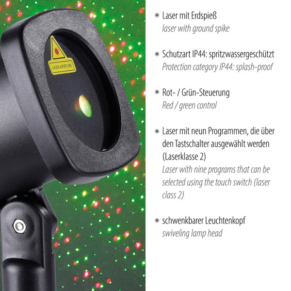 JUST LIGHT LASER LED Erdspießleuchte Laser Grün,Rot max.6W schwarz IP44 19940-18