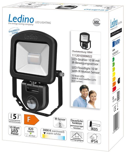 Ledino LED-Strahler mit Sensor PIR Fluter Charlottenburg 10BWI, 10W, 3000K, schw. warmweiss