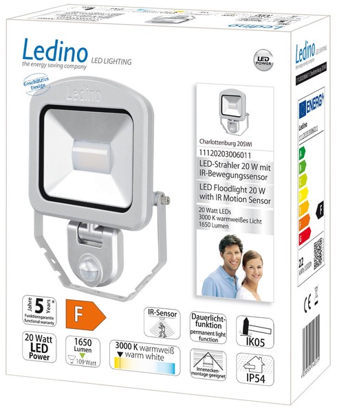 Ledino LED-Strahler mit Sensor PIR Fluter Charlottenburg 20SWI, 20W, 3000K, silber warmweiss
