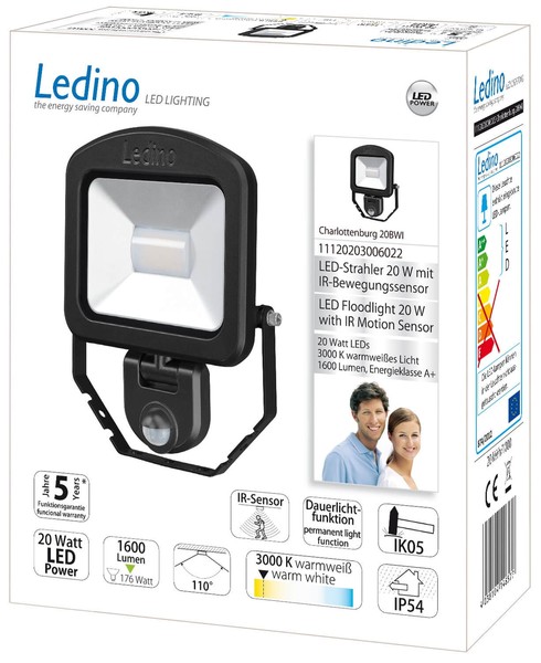 Ledino LED-Strahler mit Sensor Bewegungsmelder Charlottenburg 20BWI, 20W, 3000K schwarz warmweiss