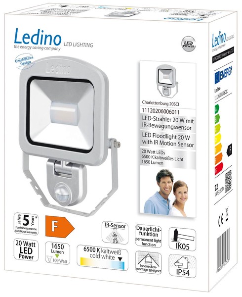 Ledino LED-Strahler mit Sensor Bewegungsmelder Charlottenburg 20SCI, 20W, 6500K, silber tageslichtweiss
