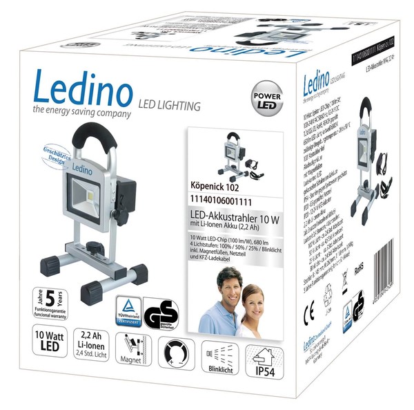 Ledino LED-Akkustrahler 10W tragbarer Baustrahler Köpenick 102, 2,2 Ah, sillber tageslichtweiss