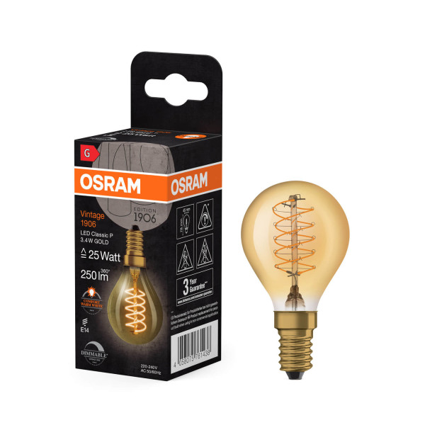 OSRAM LED Lampe Vintage 1906 CLASSIC A,B,P SLIM Filament 3.4W 822 Gold E14 Dimmbar Warmweiss 4058075761438