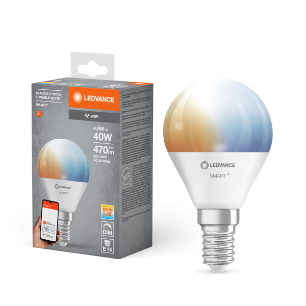 LEDVANCE LED Lampe SMART+ WiFi Mini Bulb Tunable White 230V TW FR E14 Dimmbar Tunable White, Kalt-zu-Warm-Farbwechsel 4058075778634