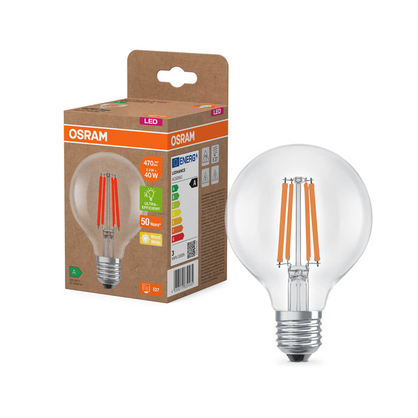 OSRAM LED Lampe LAMPS ENERGY CLASS A höchste Energieeffizienzklasse A Filament CLASSIC Globe 2.2W 827 Clear E27 Warmweiss 4058075839465