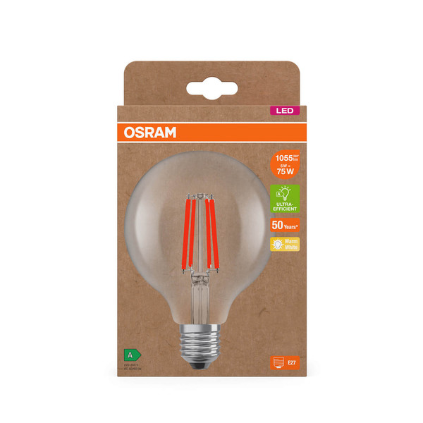 OSRAM LED Lampe LAMPS ENERGY CLASS A höchste Energieeffizienzklasse A Filament CLASSIC Globe 5W 827 Clear E27 Warmweiss 4058075839502