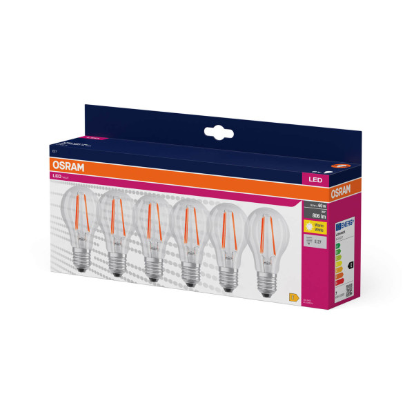 6er Pack OSRAM LED Lampe VALUE CLASSIC A 6.5W 827 Clear E27 Warmweiss 4058075845664