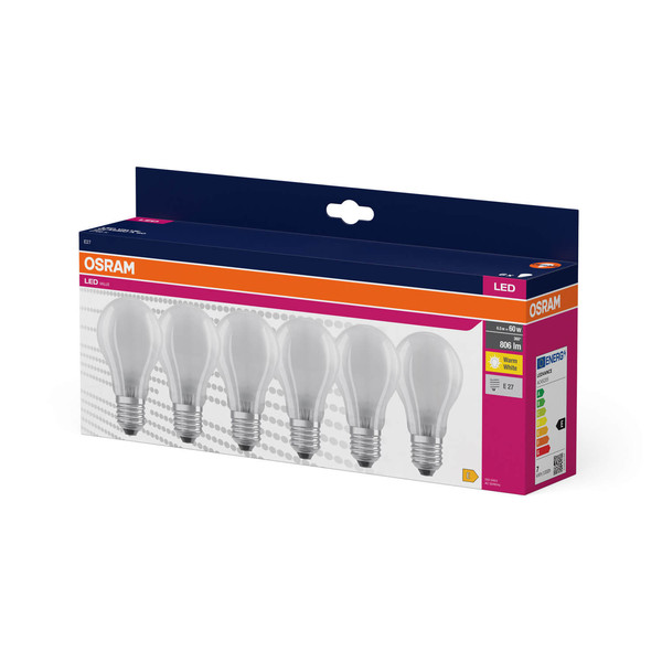 6er Pack OSRAM LED Lampe Retrofit CLASSIC A 6.5W 827 Frosted E27 Warmweiss 4058075845688
