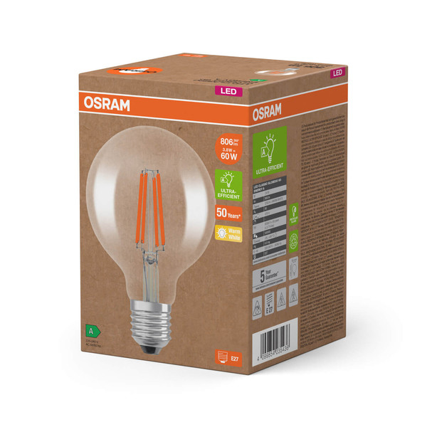 OSRAM LED Lampe LAMPS ENERGY CLASS A höchste Energieeffizienzklasse A Filament CLASSIC Globe 3.8W 827 Clear E27 Warmweiss 4099854235436