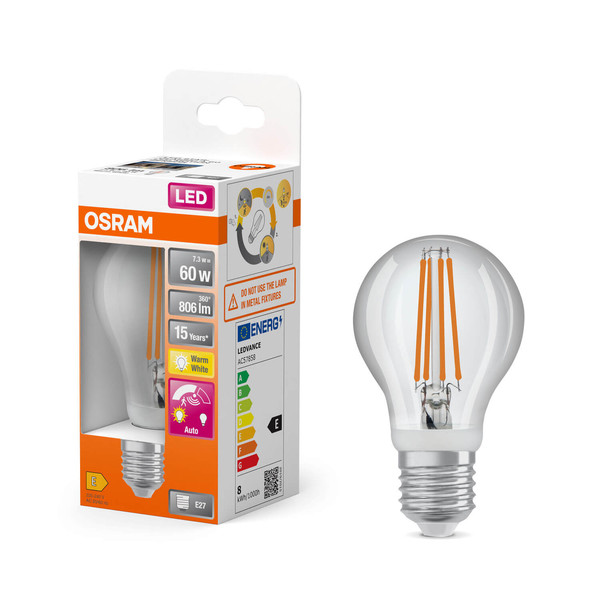 OSRAM LED Lampe CLASSIC A MOTION & DAYLIGHT SENSOR 7.3W 827 Clear E27 Warmweiss 4099854235726