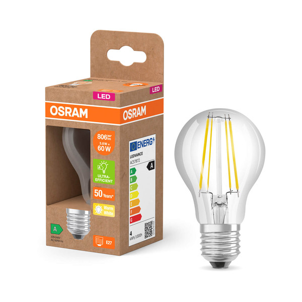 OSRAM LED Lampe LAMPS ENERGY CLASS A höchste Energieeffizienzklasse A Filament CLASSIC A 3.8W 827 Clear E27 Warmweiss 4099854236754