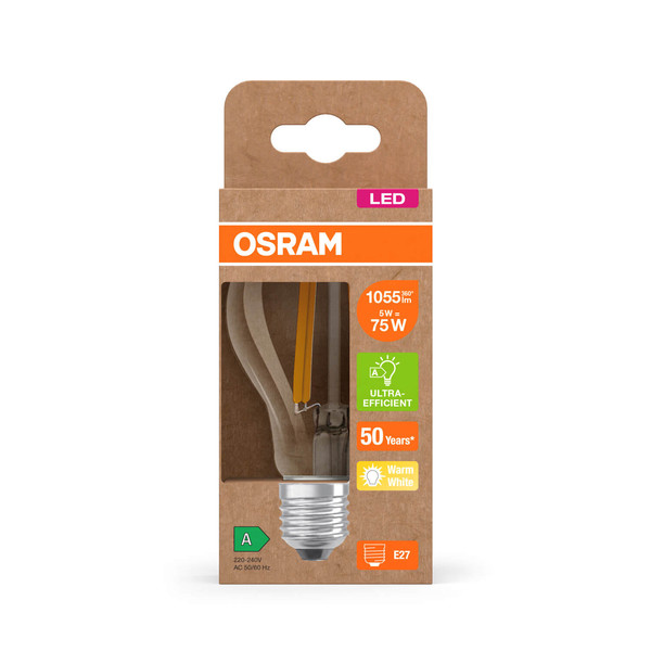 OSRAM LED Lampe LAMPS ENERGY CLASS A höchste Energieeffizienzklasse A Filament CLASSIC A 5W 827 Clear E27 Warmweiss 4099854236815