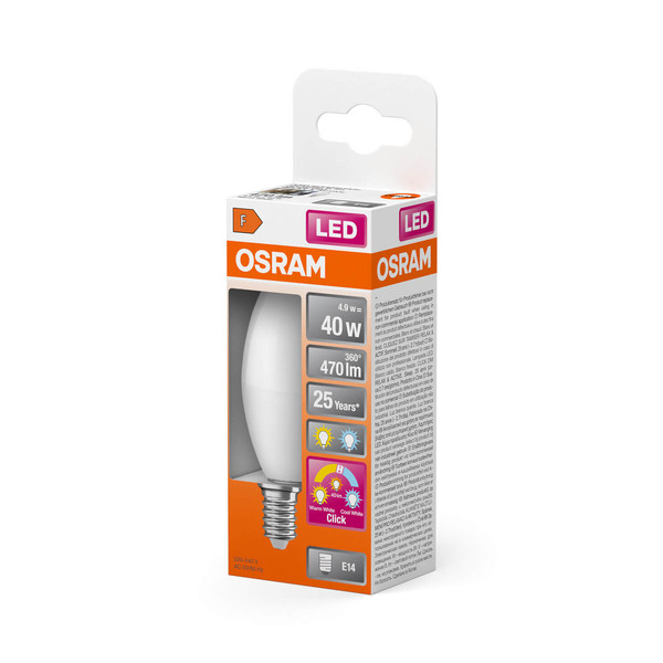 OSRAM LED Lampe Relax, Active and Sleep CLASSIC B 4.9W 827/840 Frosted E14 3x click Tunable White, Kalt-zu-Warm-Farbwechsel 4099854240447