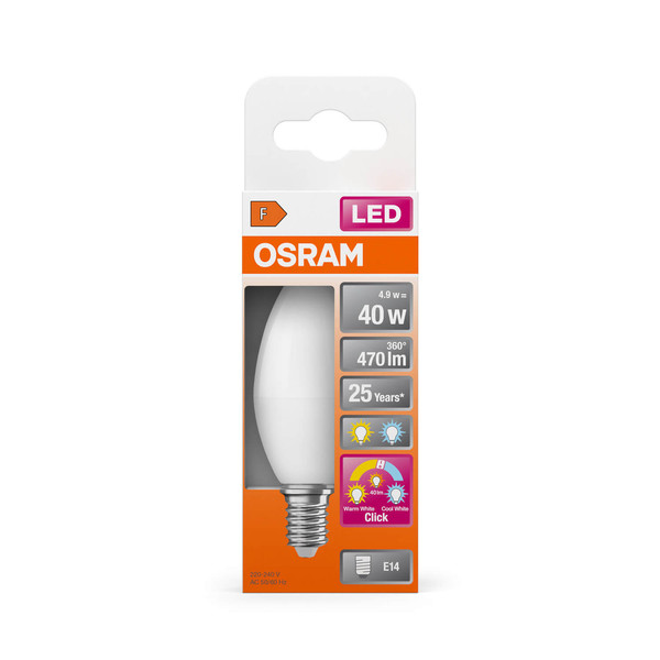 OSRAM LED Lampe Relax, Active and Sleep CLASSIC B 4.9W 827/840 Frosted E14 3x click Tunable White, Kalt-zu-Warm-Farbwechsel 4099854240447