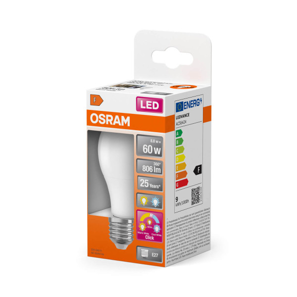 OSRAM LED Lampe Relax, Active and Sleep CLASSIC A 8.8W 827/840 Frosted E27 3x click Tunable White, Kalt-zu-Warm-Farbwechsel 4099854240683