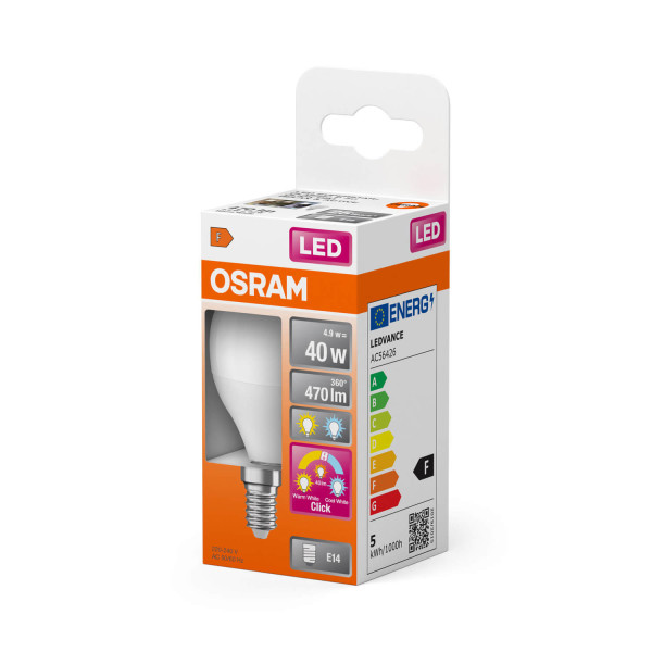 OSRAM LED Lampe Relax, Active and Sleep CLASSIC P 4.9W 827/840 Frosted E14 3x click Tunable White, Kalt-zu-Warm-Farbwechsel 4099854240720