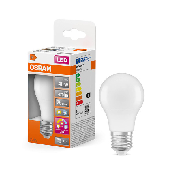 OSRAM LED Lampe Relax, Active and Sleep CLASSIC A 4.9W 827/840 Frosted E27 3x click Tunable White, Kalt-zu-Warm-Farbwechsel 4099854240966