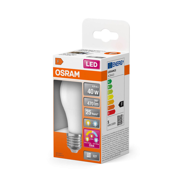 OSRAM LED Lampe Relax, Active and Sleep CLASSIC A 4.9W 827/840 Frosted E27 3x click Tunable White, Kalt-zu-Warm-Farbwechsel 4099854240966