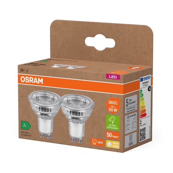 2er Pack OSRAM LED Spot, Strahler LAMPS höchste Energieeffizienzklasse A REFLECTOR 2W 827 GU10 Warmweiss 4099854245299