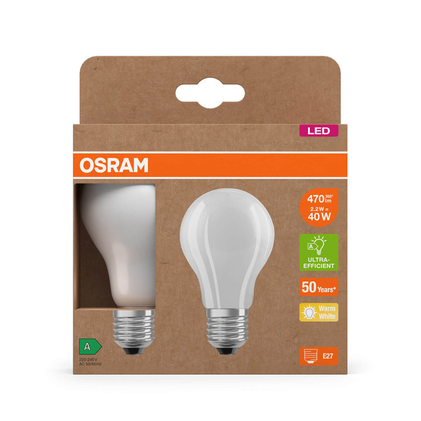 2er Pack OSRAM LED Lampe LAMPS ENERGY CLASS A höchste Energieeffizienzklasse A Filament CLASSIC A 2.2W 827 Frosted E27 Warmweiss 4099854253485