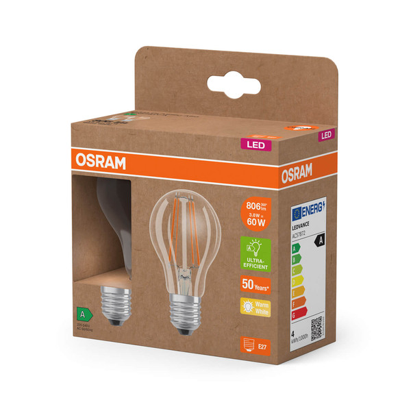 2er Pack OSRAM LED Lampe LAMPS ENERGY CLASS A höchste Energieeffizienzklasse A Filament CLASSIC A 3.8W 827 Clear E27 Warmweiss 4099854253508