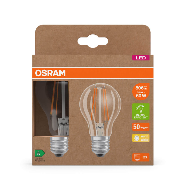 2er Pack OSRAM LED Lampe LAMPS ENERGY CLASS A höchste Energieeffizienzklasse A Filament CLASSIC A 3.8W 827 Clear E27 Warmweiss 4099854253508