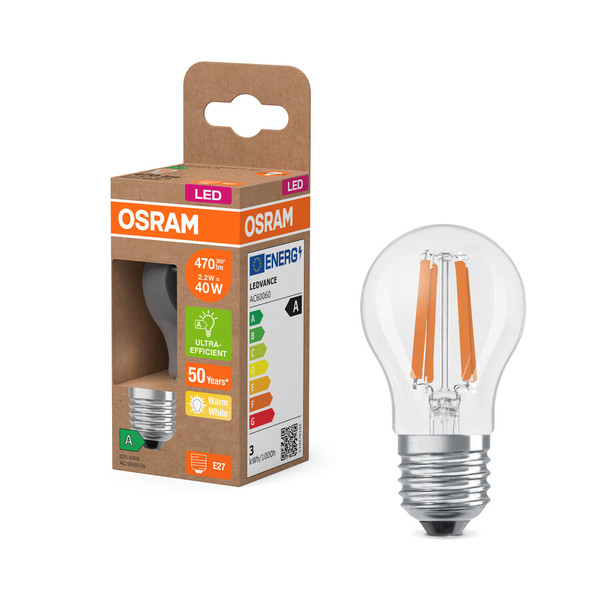 OSRAM LED Lampe CLASSIC P höchste Energieeffizienzklasse A 2.2W 827 Clear E27 Warmweiss 4099854255182